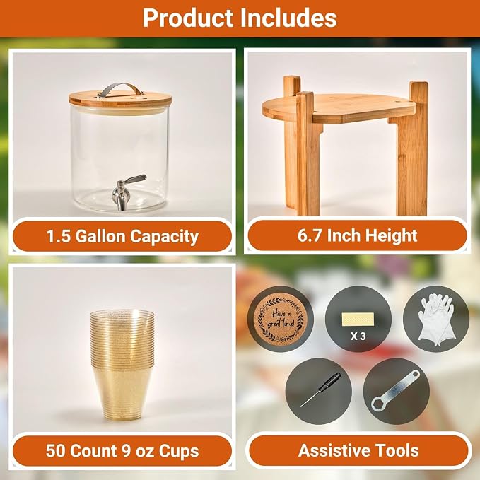 Glass Beverage Dispenser with Bamboo Stand and Lid, Iced 1.5 Gallon Drink - Image 6