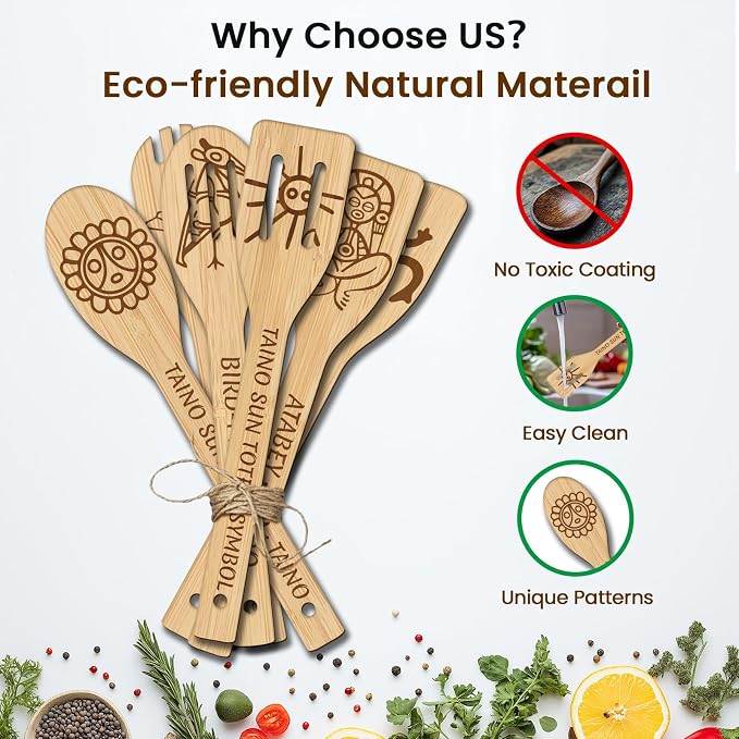 CUTHOLLOW 6PCS Taino Element Wooden Kitchen Cooking Utensil Set, 11.9in Non - Image 3