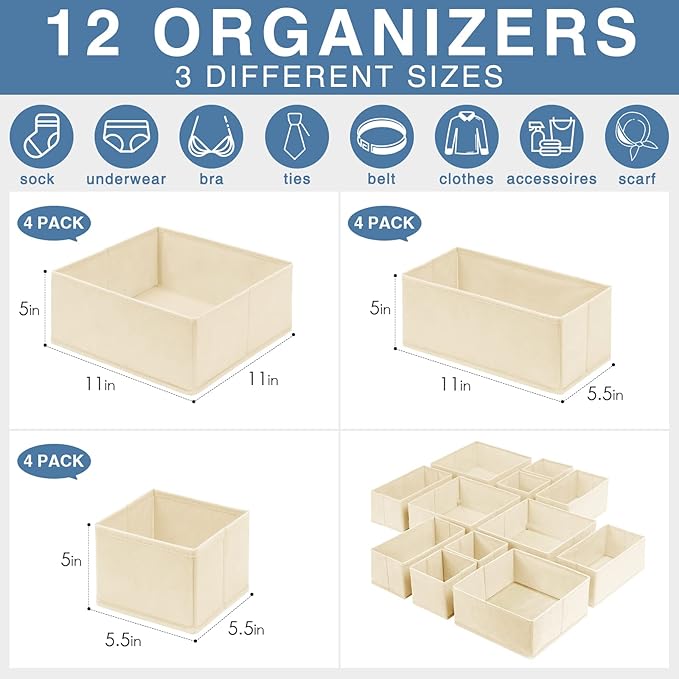 Criusia Drawer Organizer Clothes 12 Pack, Dresser Organizer - Image 3