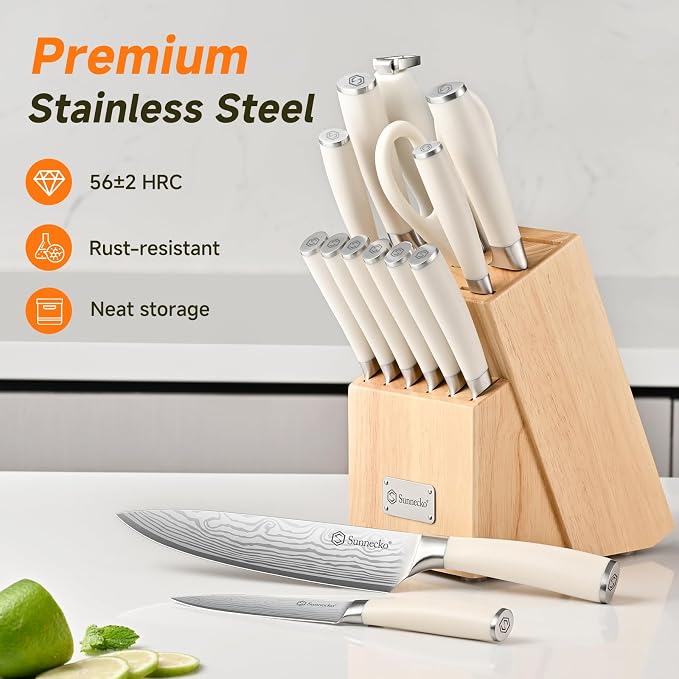 Sunnecko Knife Set with Block and Sharpener, 15 Piece Kitchen Knife Block Set - Image 3