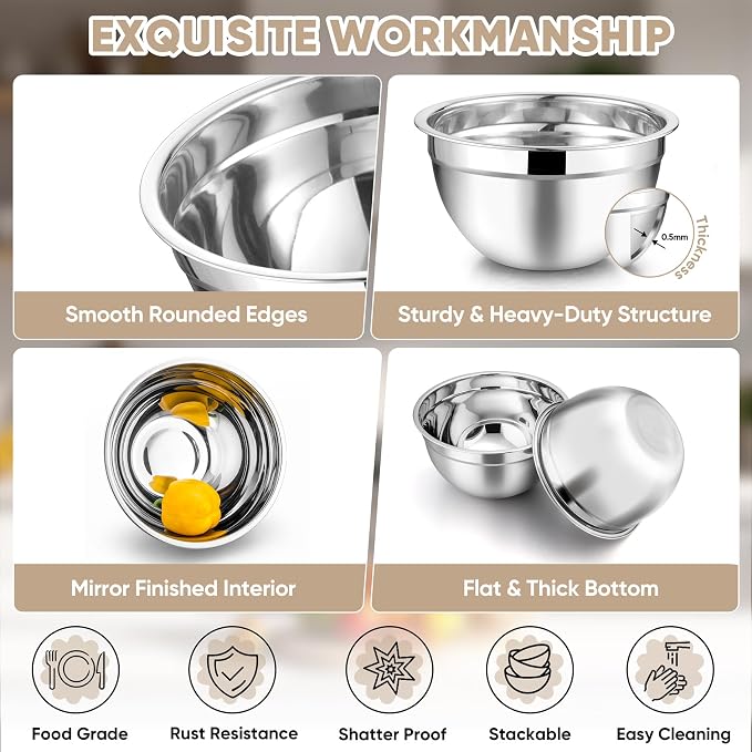 TeamFar Mixing Bowls, 4.5/3/1.5/1/0.7 QT, Stainless Steel Metal Nesting Salad - Image 4