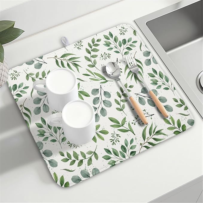 Kawani Sage Green Dish Drying Mat 16x18 In Absorbent Reversible Eucalyptus - Image 8