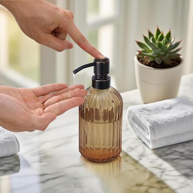 16 OZ Amber Glass Soap Dispenser, Amber Stripe Bathroom Hand Soap Dispensers - Image 2