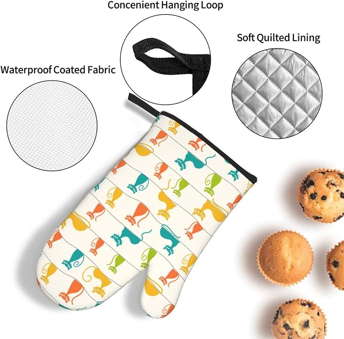 Mid Century Modern Cats Oven Mitts and Pot Holders Set Heat Resistant Cute Oven - Image 5