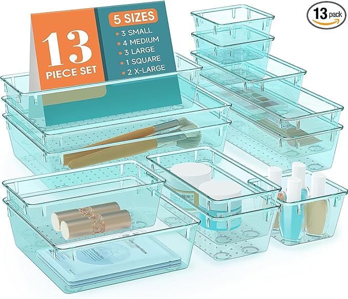 StorMiracle 13 PCS Clear Plastic Drawer Organizers Set, 4 Size Desk Drawer by StorMiracle
