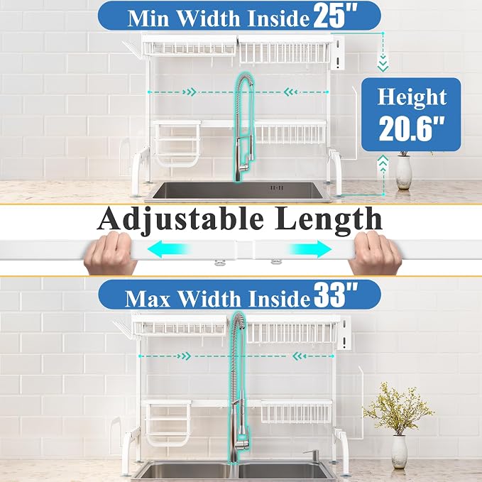 Over The Sink Dish Drying Rack, Adjustable 2 Tier Metal Steel Dish Drying Racks - Image 3