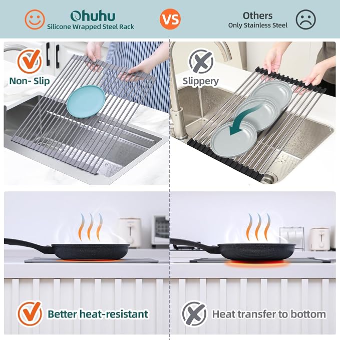 Ohuhu Over Sink Dish Drying Rack, Silicone Wrapped 17.6" W x 15.4" L Large Over - Image 5
