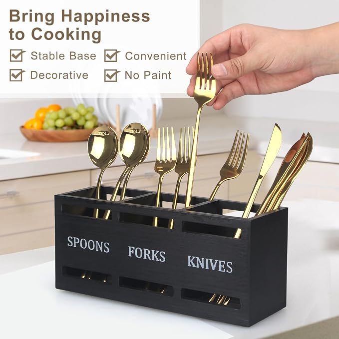 Ayiaren Wooden Silverware Caddy Flatware Cutlery Holder Wood Silverware - Image 2