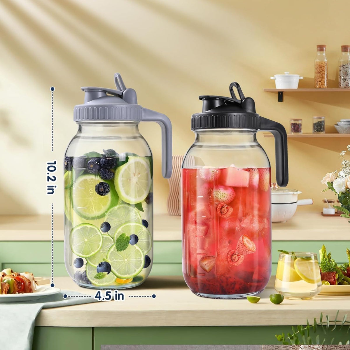 64OZ Glass Pitchers with Lid, Wide Mouth Water Jugs, Leak-Proof