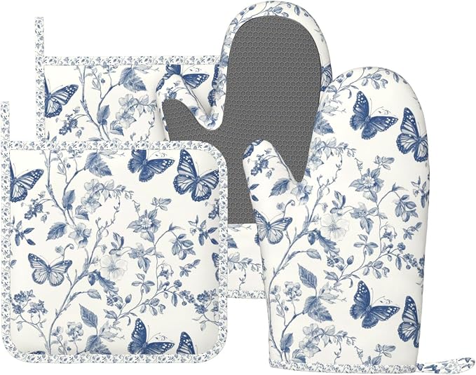 Oven Mitts and Pot Holders Butterfly Flower Vintage Blue Silicone Kitchen by DADABULIU