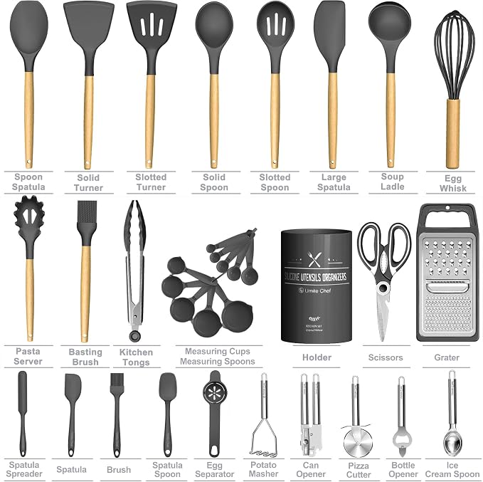 Umite Chef Silicone Kitchen Utensil Set, Wood Handles - Image 5