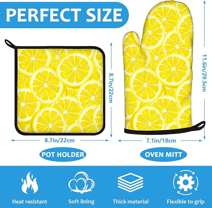 Watercolor Lemon Oven Mitts and Pot Holders Sets Heat Resistant 4Pcs Potholders - Image 2