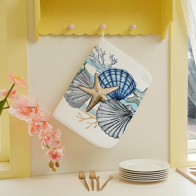 Nautical Coastal Starfish Dish Drying Mat 18x24 Inch Blue Beach Coral Shell - Image 4