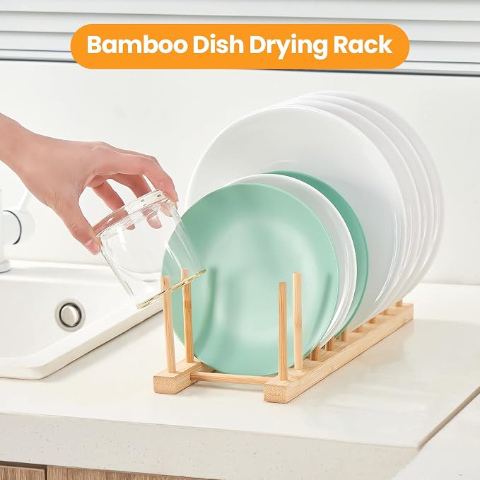 Bamboo Dish Drying Rack-2 PCS Pot Lid Plate Rack Organizer Holder - Image 4