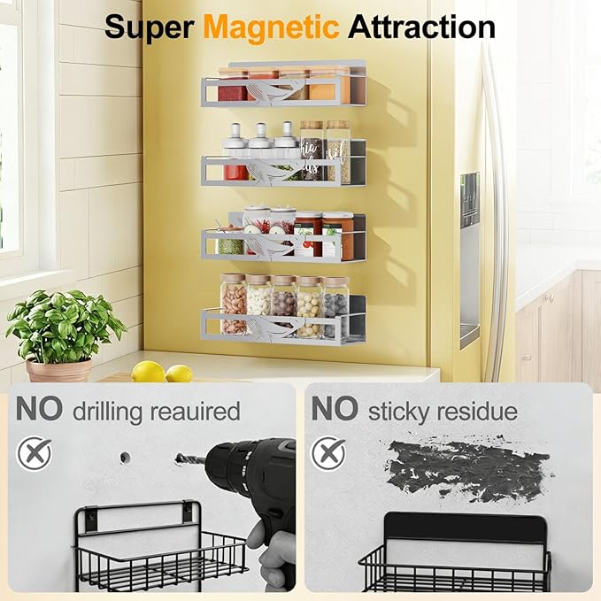 Magnetic Spice Rack for Refrigerator, 4 Pack Metal Magnetic Shelf Organizer for - Image 5