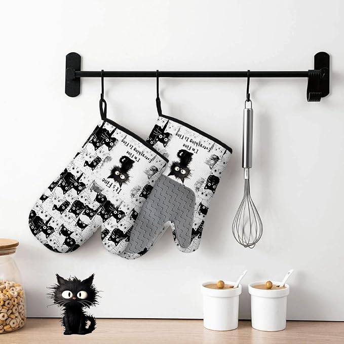 Black Cat Oven Mitts and Pot Holders Sets 3PCS, Cat Silicone Heat Resistant - Image 6