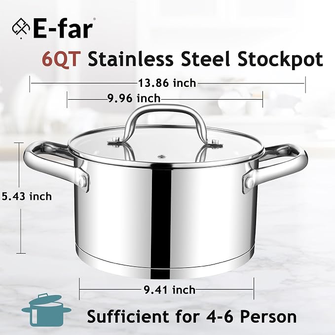 E-far 6 Quart Stock Pot with Lid, Stainless Steel Stockpot - Image 2