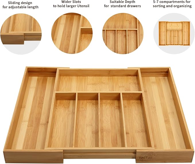 VaeFae Premium Bamboo Drawer Organizer, Expandable Silverware Drawer Organizer - Image 4