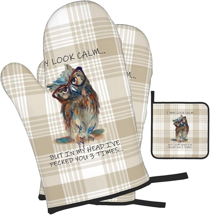 Funny Owl Oven Mitts and Pot Holders Sets of 3 Kitchen Hot Pads Cute Buffalo - Image 2