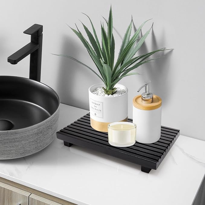 Renawe Black Bathroom Counter Tray Organizer Wood Riser Stand Kitchen - Image 4