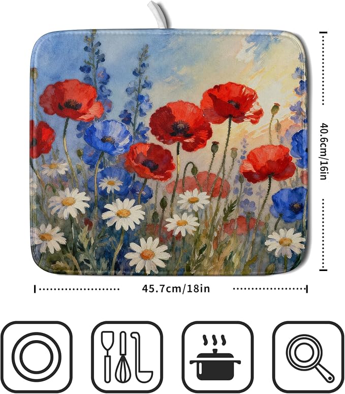 4th of July Dish Drying Mat for Kitchen Counter 16x18 Patriotic Floral - Image 5