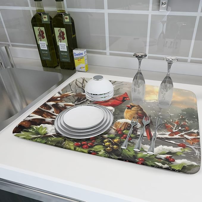 Winter Dish Drying Mat for Kitchen Counter 18x24 Inch Red Birds Cardinal Tree - Image 6