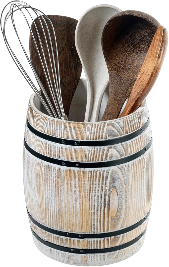 MyGift Wine Barrel Design Kitchen Utensil Holder Crock, Vintage White Washed by MyGiftHome