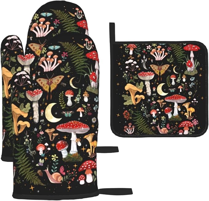 Mushroom Oven Mitts and Pot Holders Sets, Heat Resistant Black Hot Pads Witchy by Unknown