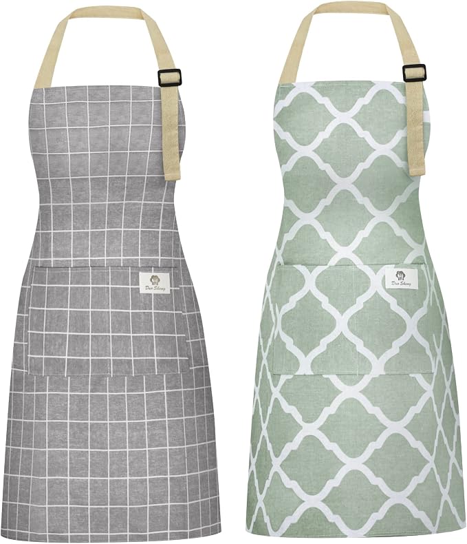 2 Pieces Aprons for Women with Pockets, Cotton Linen Waterproof Kitchen Cooking by Riqiaqia