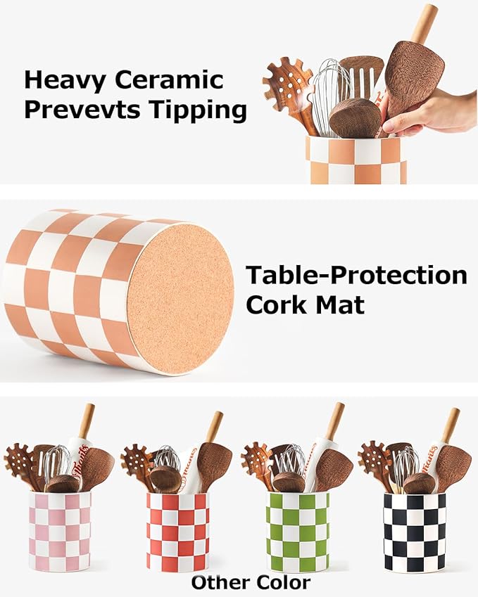Utensil Holder，7.2 Inch Checkered Utensil Holder, Ceramic Cooking Utensil - Image 2