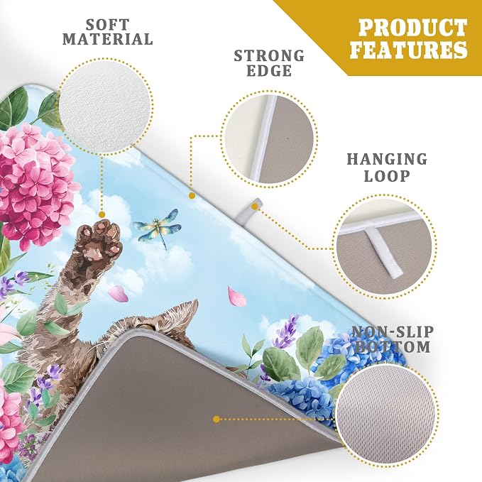 Cute Cat Dish Drying Mats for Kitchen Counter Hydrangea Floral Absorbent Drying - Image 4