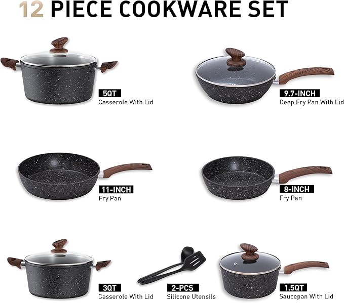 MAISON ARTS Pots and Pans Set Non Stick, 12 Piece Black Granite Kitchen - Image 2