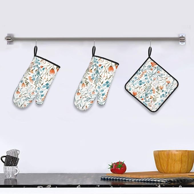Teal Orange Watercolor Floral Oven Mitts and Pot Holders Sets of 3, Heat - Image 2