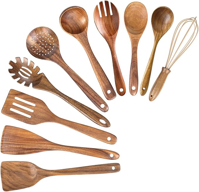 AIUHI 10 Pack Wooden Spoons for Cooking, Teak Wood Kitchen Utensils Set for Non - Image 8