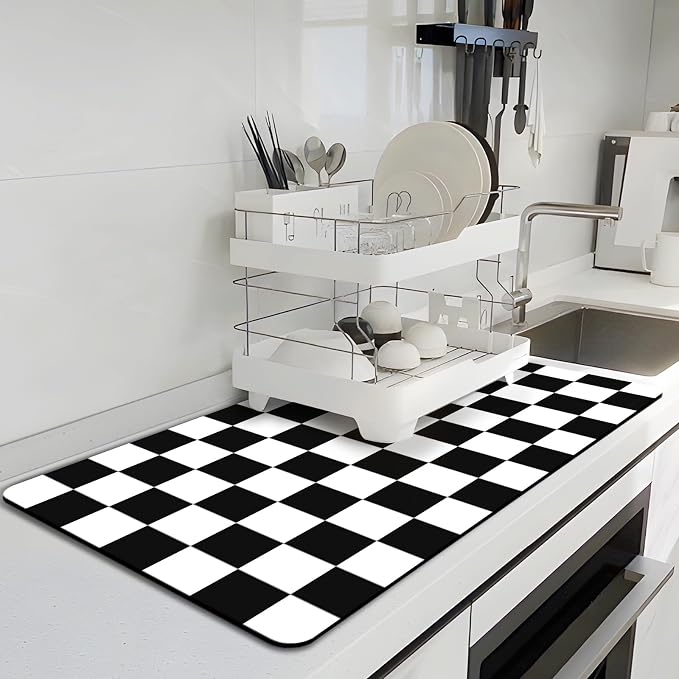 Dish Drying Mat for Kitchen, Checkered Coffee Station Mats by BLESWIN