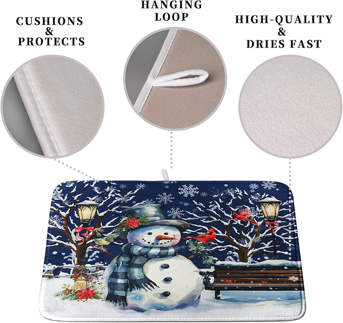 Winter Snowman Dish Drying Mat for Kitchen Counter 16x18, Xmas Snowflakes Dish - Image 3