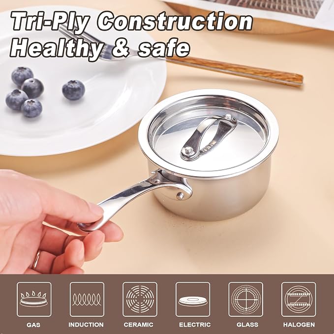 Mini Sauce Pan with Lid, Tri-Ply Stainless Steel Pot with Stay-Cool Handle & - Image 3