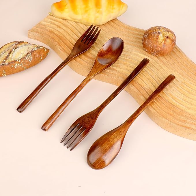 6 Pcs Wooden Forks and Spoons Reusable Wooden Spoons Forks Set Eating Utensil - Image 4