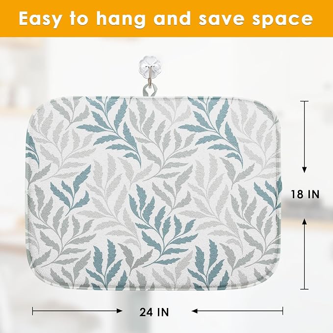 Sanwarm Absorbent Dish Drying Mat, Simple Silhouettes Leaves Microfiber Pad - Image 2