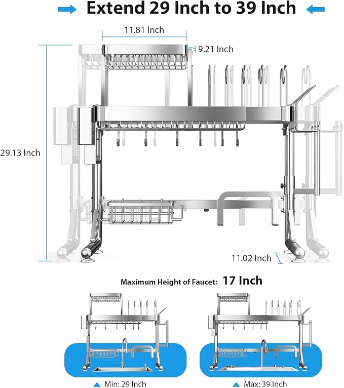 Over Sink Dish Drying Rack, Upgrade 2.5-Tier 304 Stainless Steel Dish Rack - Image 2