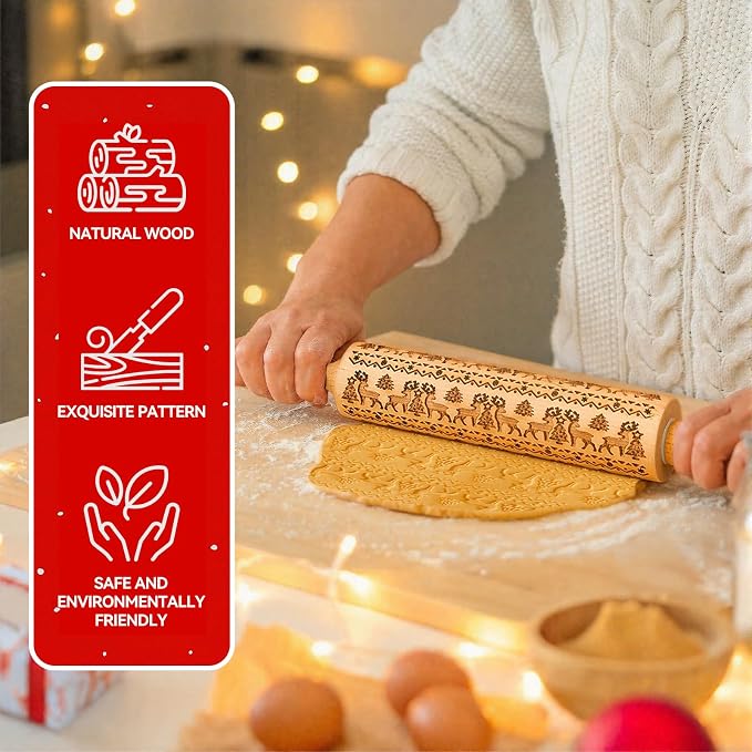 Stocking Stuffers Gifts for Women, Wooden Embossed Rolling Pin for Baking - Image 5