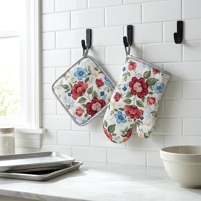 Floral Oven Mitts and Pot Holders Sets 2 Pcs, Canvas Heat Resistant Kitchen - Image 9