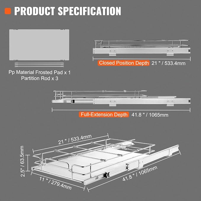 VEVOR 12.5"Wx21"Dx3.5"H Pull Out Cabinet Organizer, Heavy Duty Slide Out Pantry - Image 7