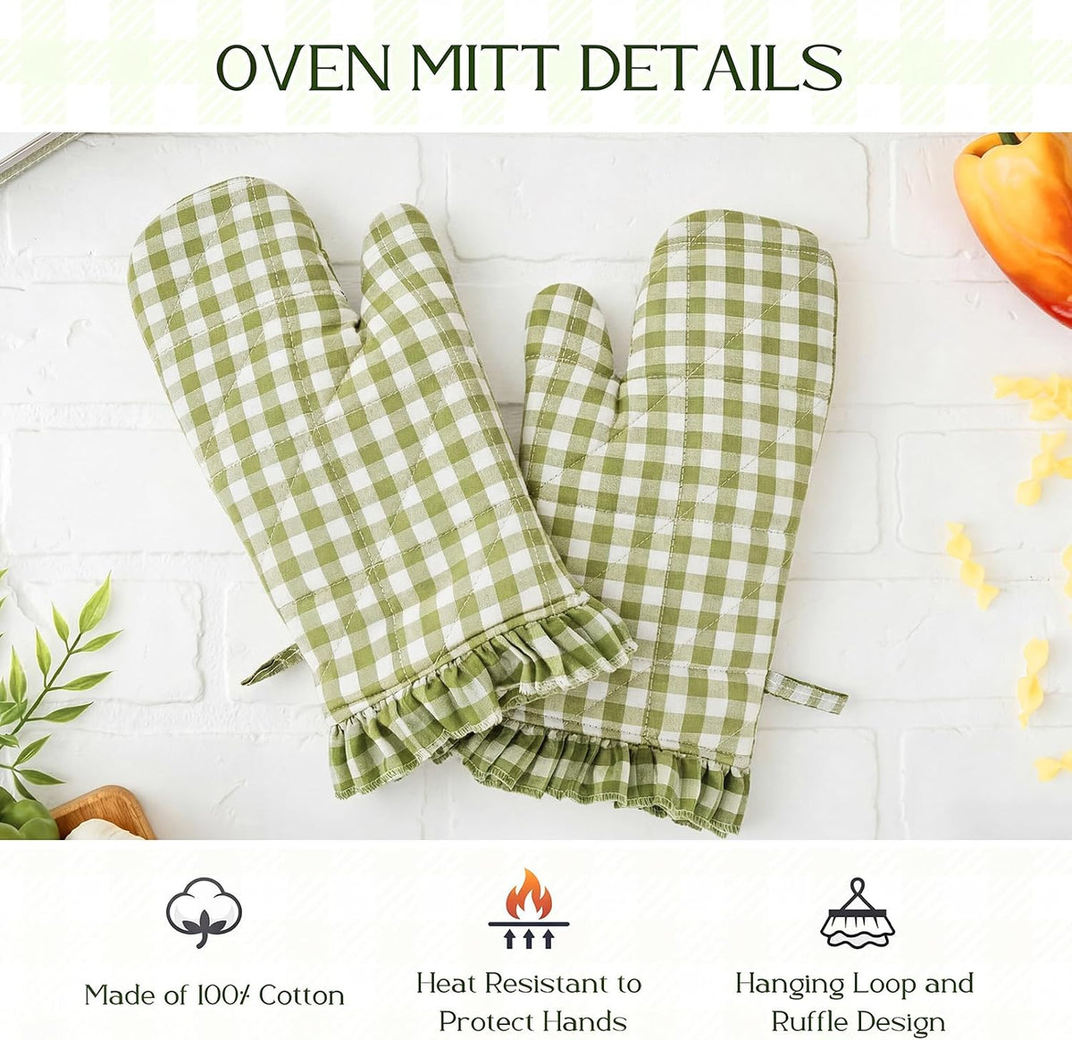 Twistover Ruffle Gingham Oven Mitts 2-Pack Set, Green, 7"x13"