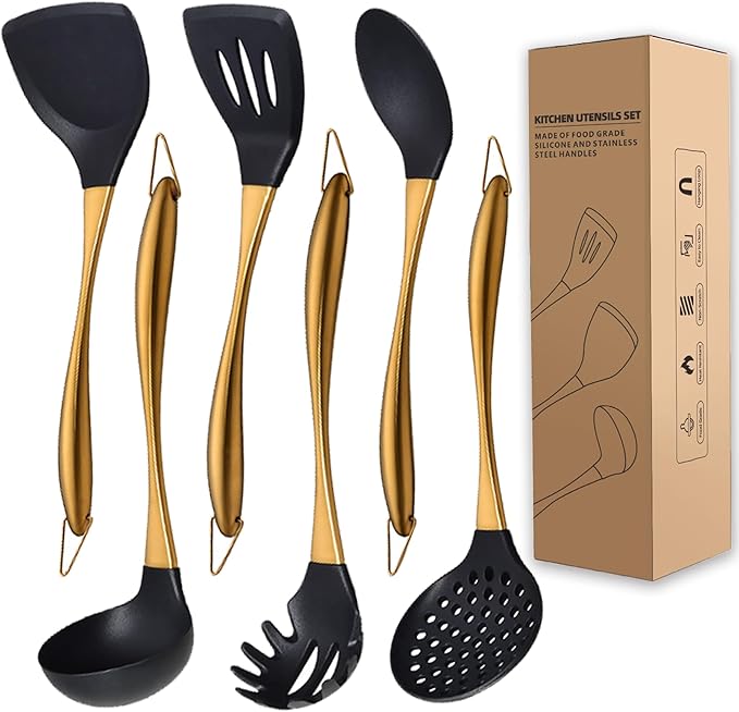 Kitchen Utensils Set, Large Non-stick Silicone Cooking Utensils Set 6 Pcs by QRU