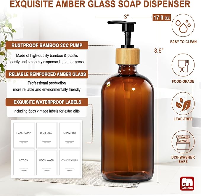 GMISUN Amber Glass Soap Dispenser, 2 Pack Bathroom Hand Soap Dispensers - Image 3