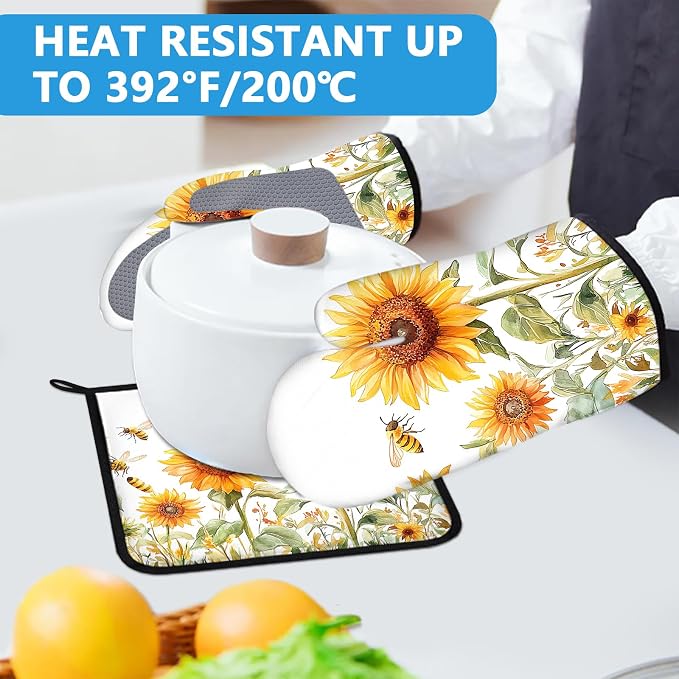 Watercolor Sunflower Oven Mitts and Pot Holders Sets Heat Resistant 4Pcs Busy - Image 5