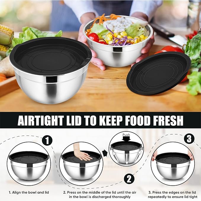 P&P CHEF Mixing Bowls with Airtight Lids Set of 5, 10-Piece Stainless Steel - Image 7