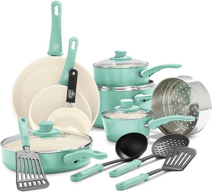 GreenLife Soft Grip 16 Piece Cookware Set, Non-Toxic PFAS-Free Ceramic Nonstick by GreenLife