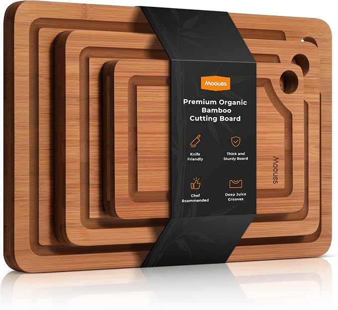 Bamboo Cutting Board for Kitchen, Knife-Friendly Wooden Cutting Boards Set by Mooues